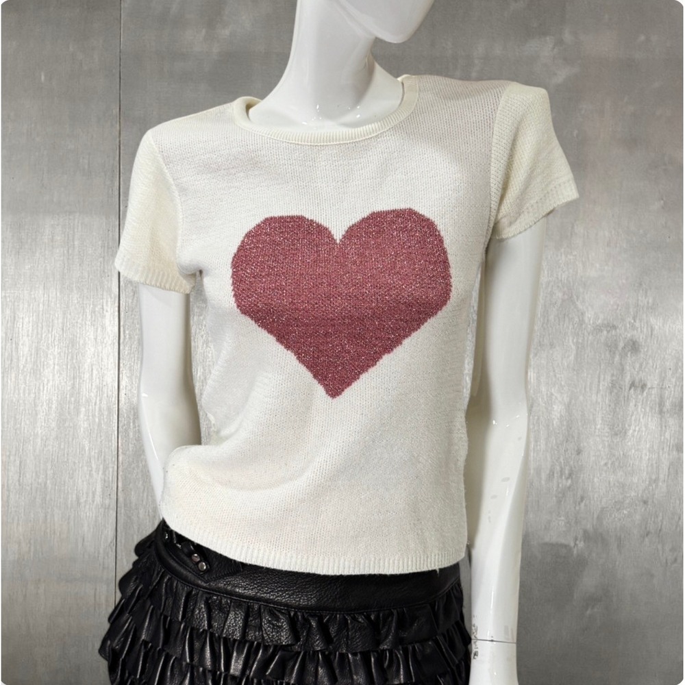 Y2K Knit Avenue Sparkly Heart Sweater Tee Cream Fitted Baby Tee‎ USA Coquette